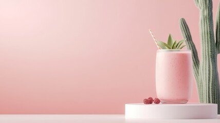 Blackberry smoothie on a desert podium next to a tall cactus.