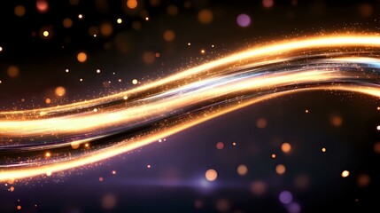 Obraz premium Glowing golden light trails with sparkles and bokeh effects on dark background create magical atmosphere for festive designs and celebrations.