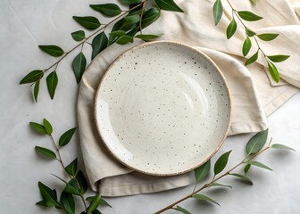 White Speckled Pottery Plate on Linen with Green Leaves
