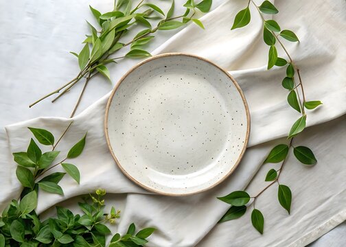 White Speckled Pottery Plate on Linen with Green Leaves