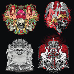 set, gothic sign with skull, grunge vintage design t shirts