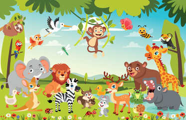 Fototapeta premium Cartoon Animals Posing At Forest