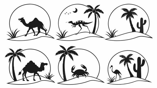 Desert and tropical island animal silhouettes vector art set. Black and white icons with camels, dinosaurs, crabs, flamingos, palm trees, cactus, and sun.