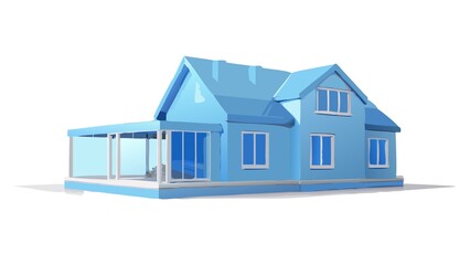 A low poly style light blue house with a porch and windows on a white background in a cartoon style