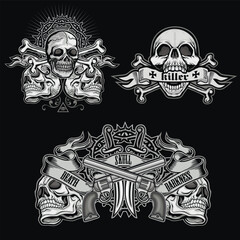 set, gothic sign with skull, grunge vintage design t shirts