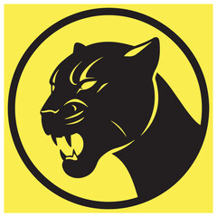Fierce black panther silhouette roaring inside a yellow circle on a bright yellow background