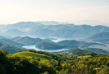Obraz premium Abstract panoramic view of a vibrant green landscape with hills, lake, and trees , landscape, idyllic