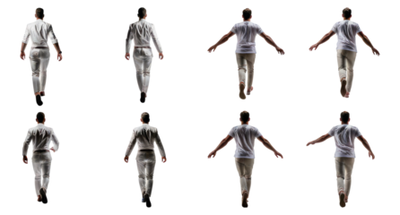 Person Walking Away in Multiple Angles and Poses on a Black Background, Isolated on Transparent, white background
