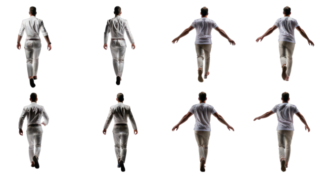 Person Walking Away in Multiple Angles and Poses on a Black Background, Isolated on Transparent, white background
