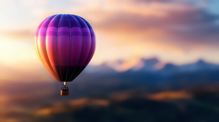 Obraz premium Vibrant purple and orange hot air balloon floating against dramatic sunset sky with mountain silhouettes, creating dreamy atmospheric scene for travel and adventure concepts.