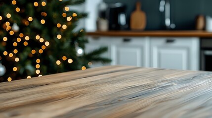 Empty wooden table with blurred Christmas tree and kitchen interior in background, festive bokeh lights create warm holiday atmosphere. For product display montage.