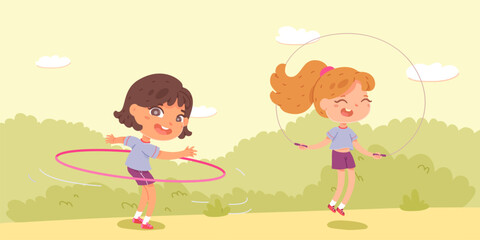Girls playing in park. Kids at playground with rope and hula hoop. Outdoor summer activities in backyard. Cartoon vector illustration.