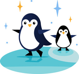 Cute penguins ice-skating on a sparkling frozen lake, vector art with white background.