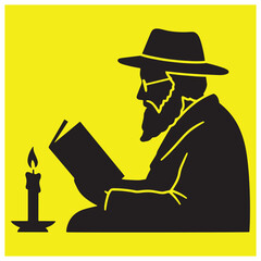 Orthodox jewish man reading a book by candlelight silhouette vector illustration on yellow background