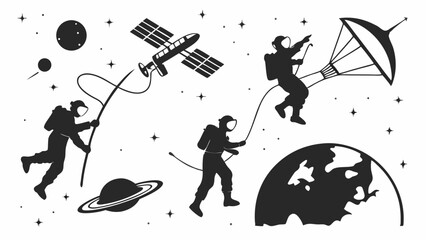 Monochrome silhouette vector illustration depicting multiple astronauts exploring a cosmic scene with planets, satellite, and stars. Space adventure concept art.