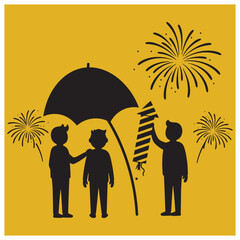 Silhouette illustration of three people with fireworks and umbrella against a yellow background