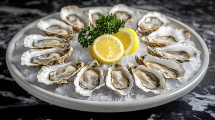 Fresh Oysters on Ice with Lemon, seafood, shellfish, parsley, gourmet food, delicacy