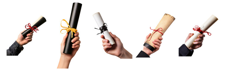 Graduation Scrolls in Hands Showcasing Diverse Colors and Styles, Isolated on Transparent, white background