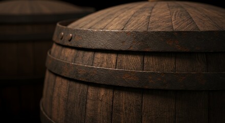Aged Oak Barrel with Rusted Iron Bands: Close-Up Detail