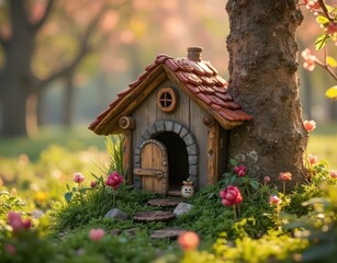 Fairy tale inspired dog house near a blooming tree, surrounded by lush spring flora Generative AI