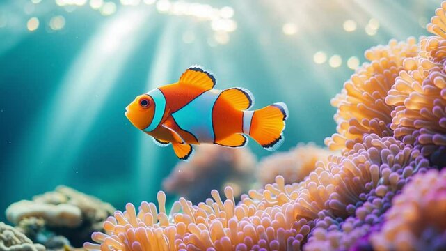 Nemo in Coral Paradise: A vibrant clownfish gracefully navigates through a colorful coral reef, bathed in the ethereal glow of sunlight, presenting a magical scene