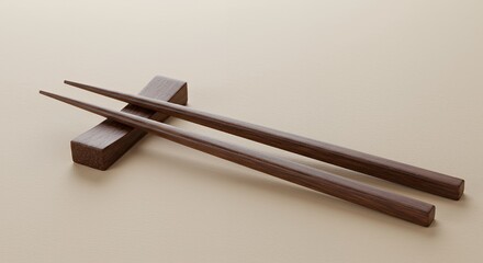 Elegant Dark Wood Chopsticks Resting on Matching Stand Against Beige Background