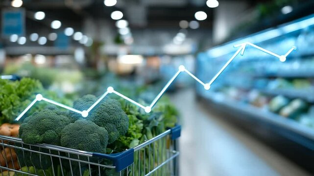 A modern, well-lit grocery store featuring a cart with lush produce in sharp focus, while an upward-trending arrow overlays the background shelves, suggesting economic tension