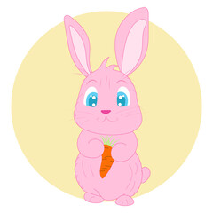 Cute pink bunny holding carrot, yellow circle background, vector illustration, isolated, animal character, cartoon style, nursery decor, kids design, Easter theme, playful, happy, simple shapes, flat 