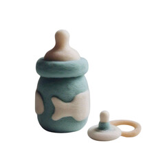 A close up of a blue and white baby bottle with the lid next to it on a black background