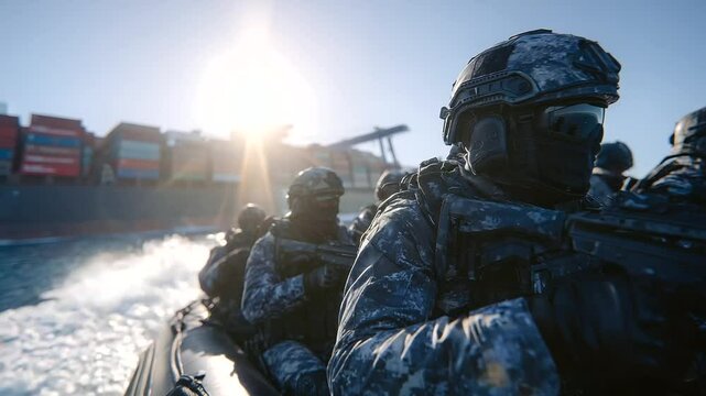 A formation of disciplined soldiers in crisp uniforms and armed with precision gear rows a small inflatable boat, advancing toward a high-tech container ship under a brilliant sun,