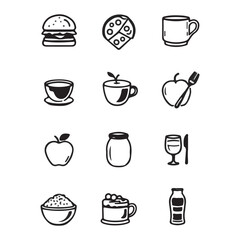 Collection of twelve food and drink icons in black and white