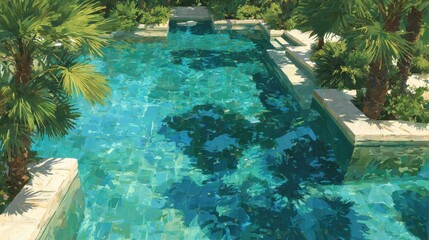 Geometric tropical pool with palm reflections and bright sunlight