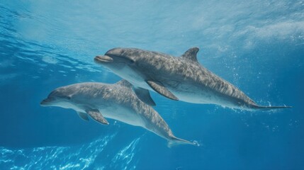 Obraz premium Two dolphins swimming gracefully beneath the azure surface of the sea