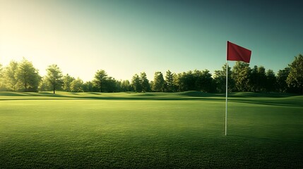 Obraz premium Serene Golf Course at Sunrise, golf green, fairway, putting green, golf flag, red flag