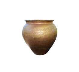 Close up, single large gold pot isolated on white texture for background or stock photos. object,...