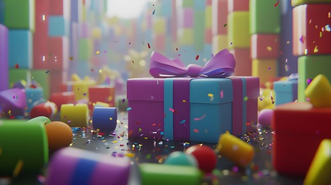 Colorful Gift Box with Confetti Explosion, present, celebration, party, birthday, anniversary