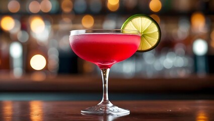  A vibrant pink Cosmopolitan cocktail with a lime garnish on a blurred bar background, perfect for conveying a sense of celebration, nightlife, or sophisticated leisure.