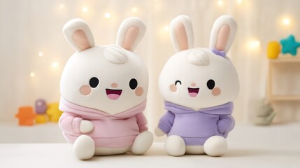Cute Plush Bunny Toys in Pink and Purple Sweaters for Children's Room Decoration