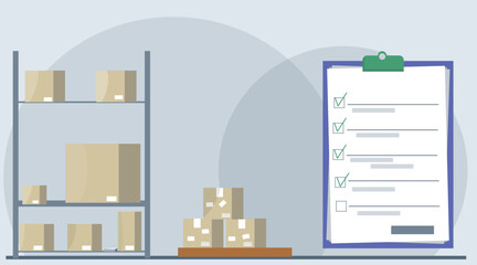 Minimalist vector illustration of a warehouse with shelves of plain boxes, labeled boxes on a pallet, and a checklist. Perfect for logistics, automation, and inventory themes