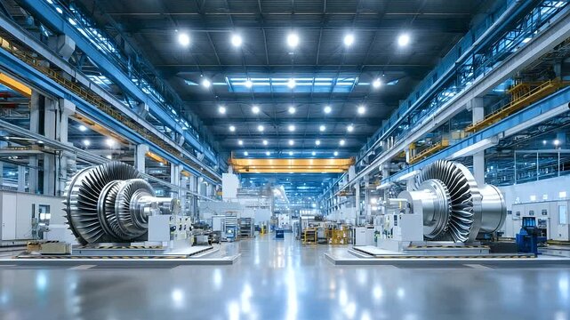 Row of turbine blades and power transmission components arranged symmetrically under bright industrial lighting in a production plant