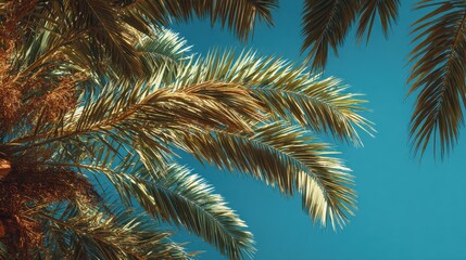 Fototapeta premium Low angle view of palm leaves against blue sky, modern minimal layout 