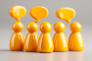Orange figures with speech bubbles representing communication teamwork and social interaction