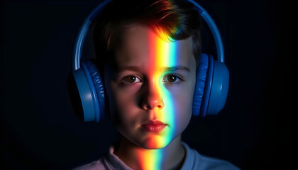 Autistic child with noise cancelling headphones with spectrum of light in rainbow colors on this face symbolizing neurodiversity awareness, spectrum of autism and sensory sensitivity