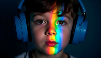 Autistic child with noise cancelling headphones with spectrum of light in rainbow colors on this face symbolizing neurodiversity awareness, spectrum of autism and sensory sensitivity