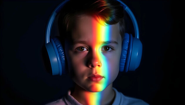 Autistic child with noise cancelling headphones with spectrum of light in rainbow colors on this face symbolizing neurodiversity awareness, spectrum of autism and sensory sensitivity