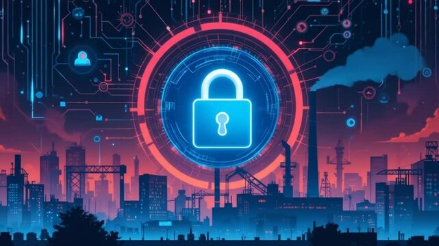 Strong cybersecurity, protecting industrial data from unauthorized access. Lock icon, factory silhouette in cityscape. Digital security, data privacy, network protection. 4k video