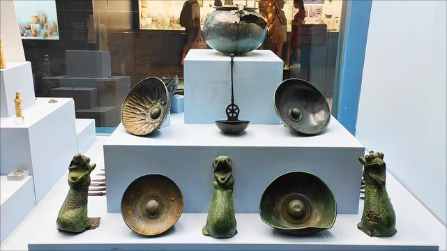 Antalya, Turkey, May 15, 2025.  Antique old vases and decorative objects with patterns found during the excavations of an ancient civilization
