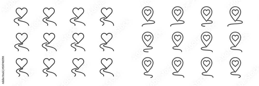 Poster Heart-shaped icons representing love and location with simple designs for various uses in digital media and graphic projects
