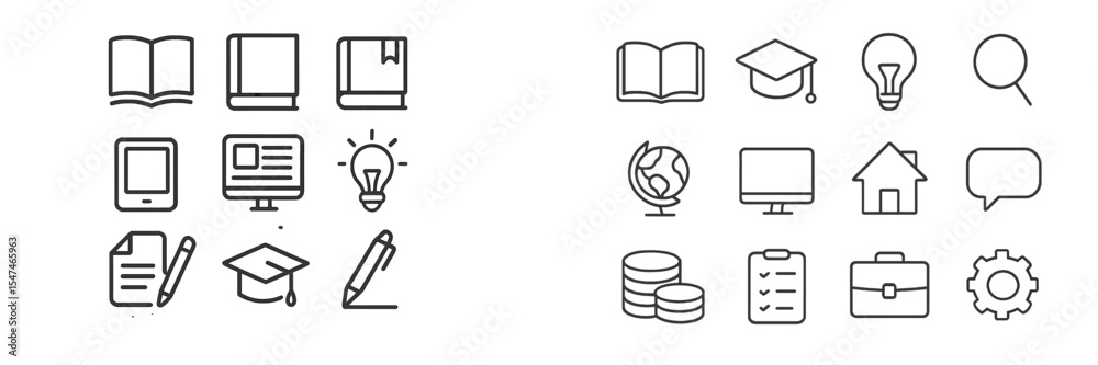 Poster collection of simple line icons representing education, technology, and communication themes in a mo