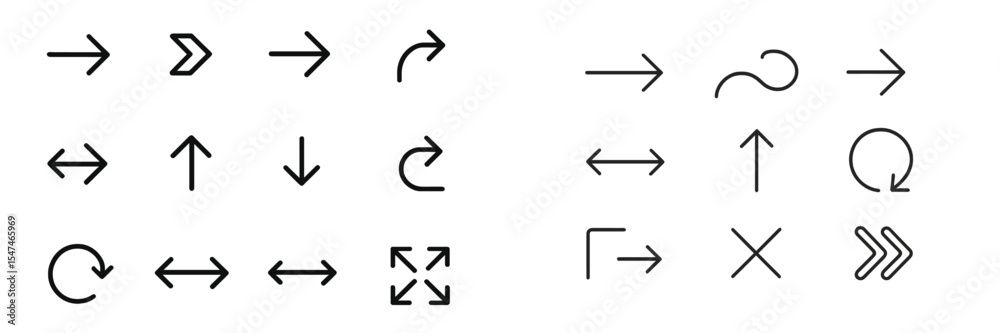 Poster various directional symbols utilized in graphic design and signage, featuring arrows, curves, and mo